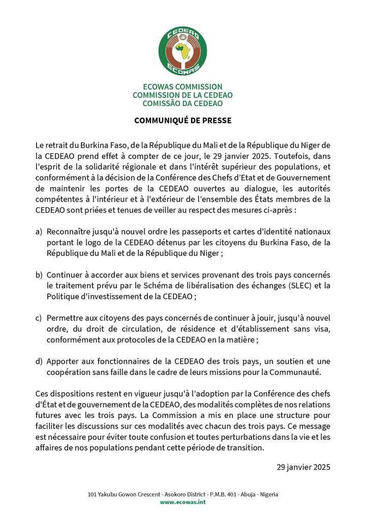 Le Niger, le Mali et le Burkina Faso se sont officiellement retirés de la CEDEAO : communiqué